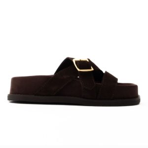 RYNA Σανδάλια suede high flatform slides δερμάτινα καφέ