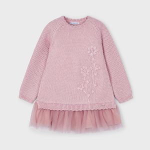 Pink Knitted Woolen Dress with Tulle Mayoral