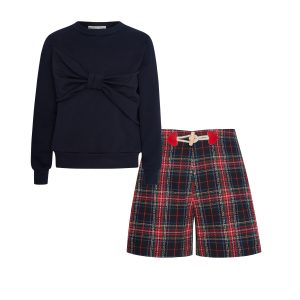 T6688 Vivienne Bow Sweater & Tartan Shorts Set